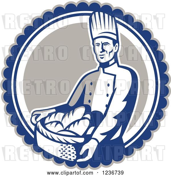 Vector Clip Art of Retro Male Chef Baker Carrying a Basket of Bread in a Circle