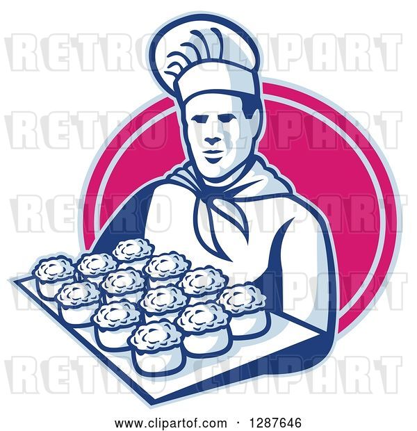 Vector Clip Art of Retro Male Chef Baker Holding a Tray of Meat Pies in a Pink Oval