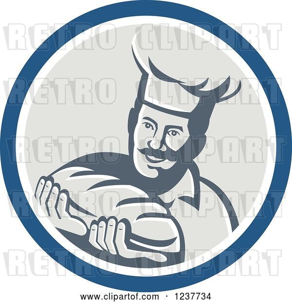 Vector Clip Art of Retro Male Chef Baker Holding Bread in a Beige and Blue Circle