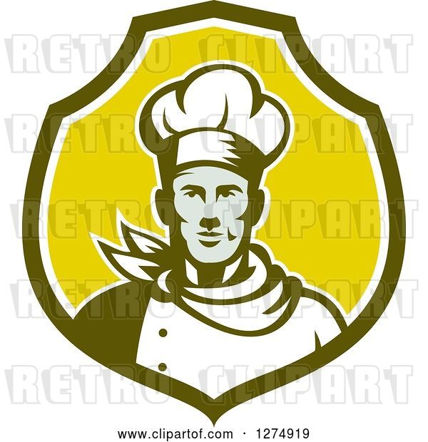 Vector Clip Art of Retro Male Chef Bust in a Green and White Shield