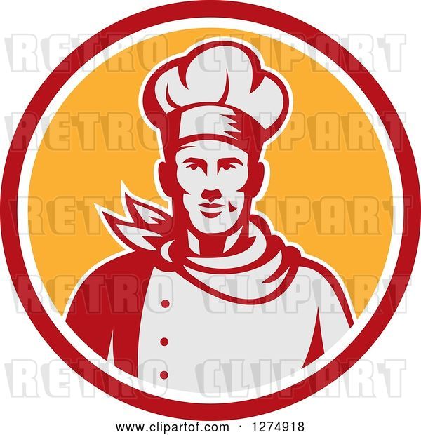 Vector Clip Art of Retro Male Chef Bust in a Red White and Yellow Circle