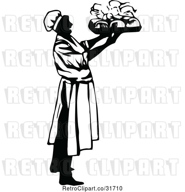 Vector Clip Art of Retro Male Chef Carrying a Platter 1