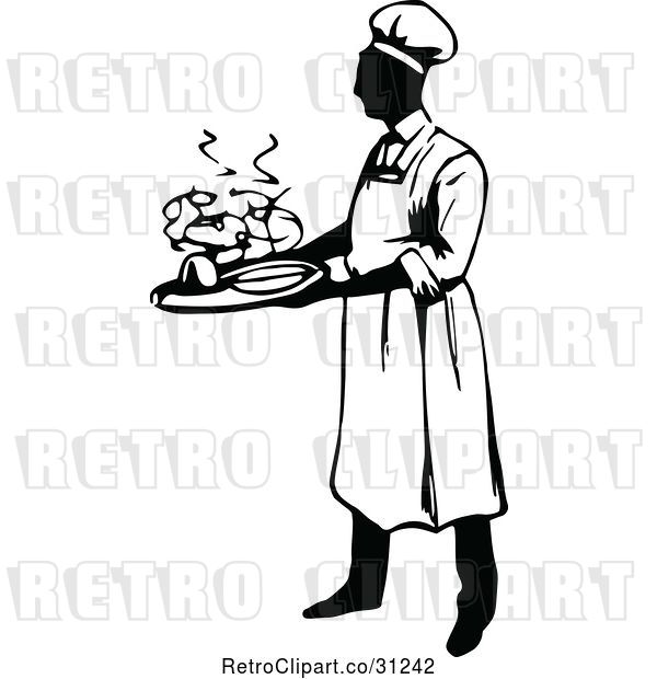 Vector Clip Art of Retro Male Chef Carrying a Platter 2