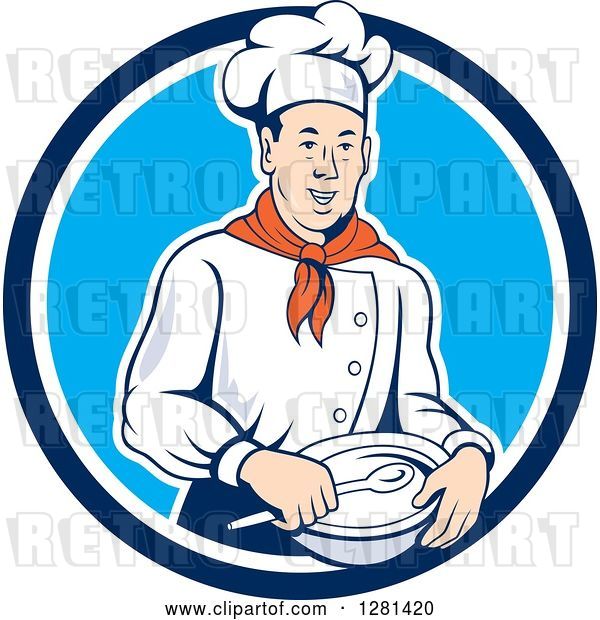 Vector Clip Art of Retro Male Chef Holding a Bowl and Spoon in a Blue and White Circle