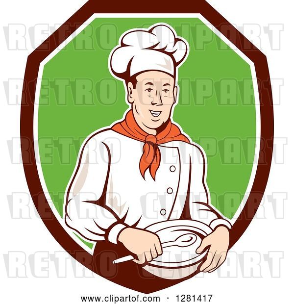 Vector Clip Art of Retro Male Chef Holding a Bowl and Spoon in a Brown White and Green Shield