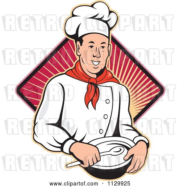 Vector Clip Art of Retro Male Chef Holding a Bowl and Spoon over a Ray Diamond
