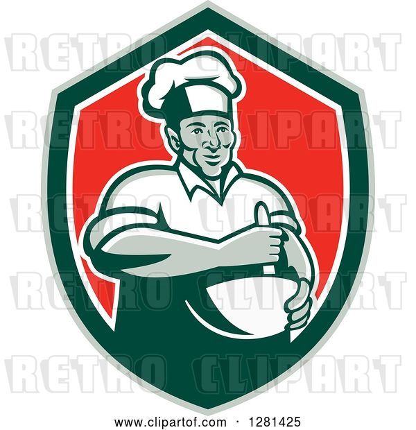 Vector Clip Art of Retro Male Chef Holding a Mixing Bowl in a Green White and Red Shield