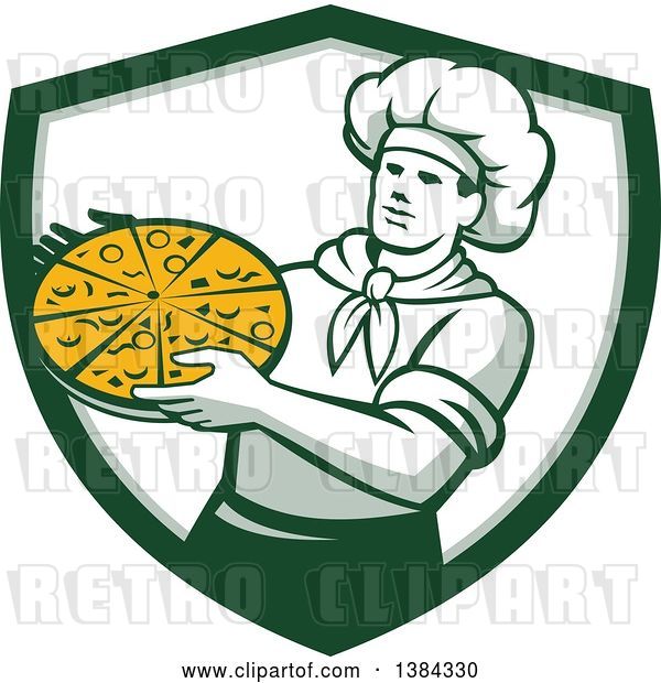 Vector Clip Art of Retro Male Chef Holding a Pizza Pie in a White and Green Shield