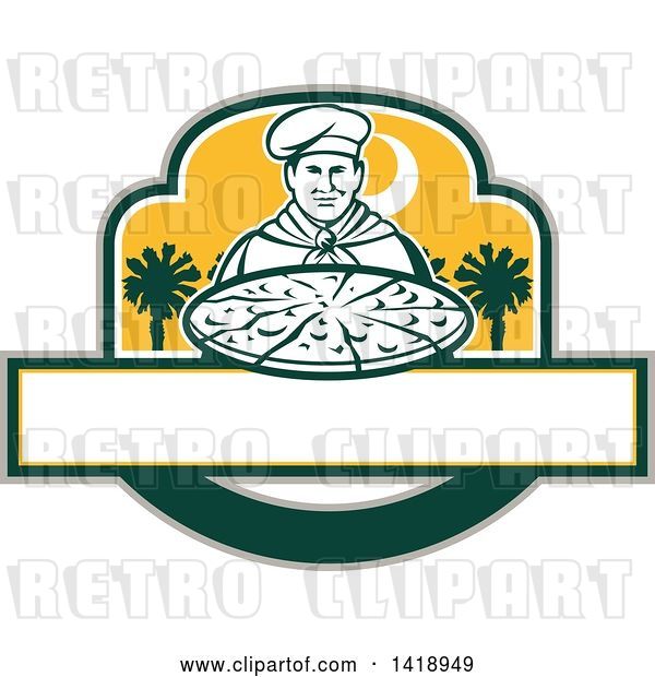Vector Clip Art of Retro Male Chef Holding a Pizza Pie with Palmetto Trees