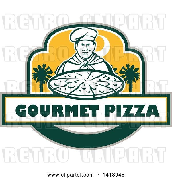 Vector Clip Art of Retro Male Chef Holding a Pizza Pie with Text and Palmetto Trees
