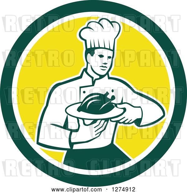 Vector Clip Art of Retro Male Chef Holding a Roasted Chicken on a Plate in a Green White and Yellow Circle