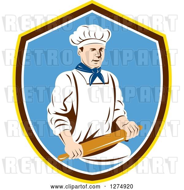 Vector Clip Art of Retro Male Chef Holding a Rolling Pin in a Yellow Brown White and Blue Shield