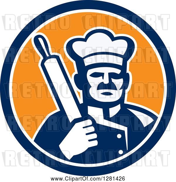 Vector Clip Art of Retro Male Chef Holding a Rolling Pin over His Shoulder in a Blue White and Orange Circle