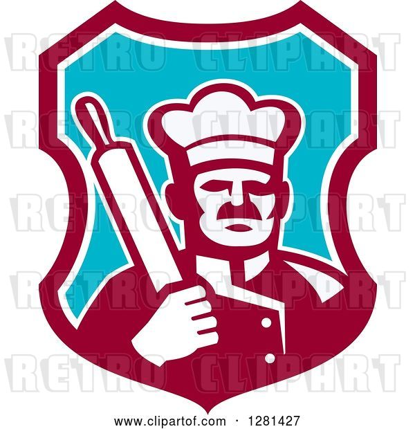 Vector Clip Art of Retro Male Chef Holding a Rolling Pin over His Shoulder in a Maroon White and Blue Shield