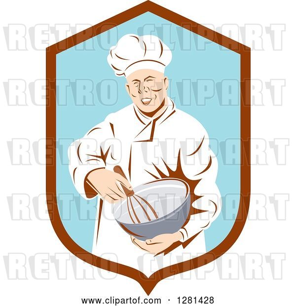 Vector Clip Art of Retro Male Chef Holding a Whisk and Mixing Bowl in a Brown and Blue Shield