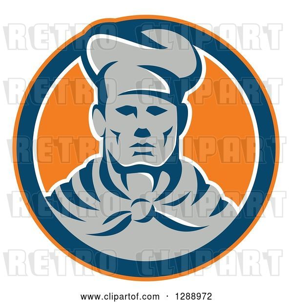Vector Clip Art of Retro Male Chef in an Orange Navy Blue and White Circle