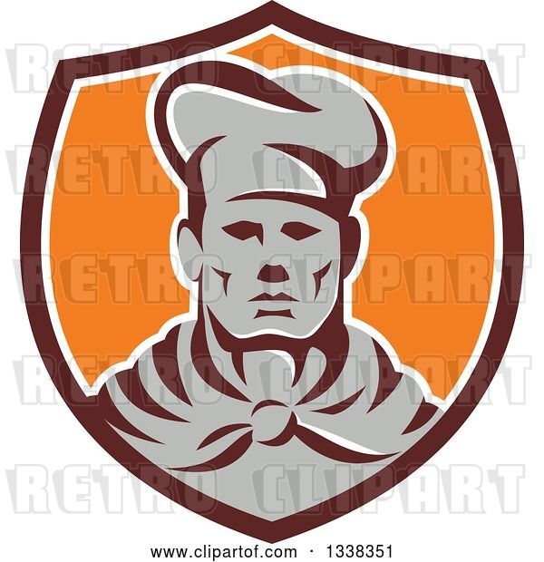 Vector Clip Art of Retro Male Chef Wearing a Toque and Uniform in a Brown White and Orange Shield