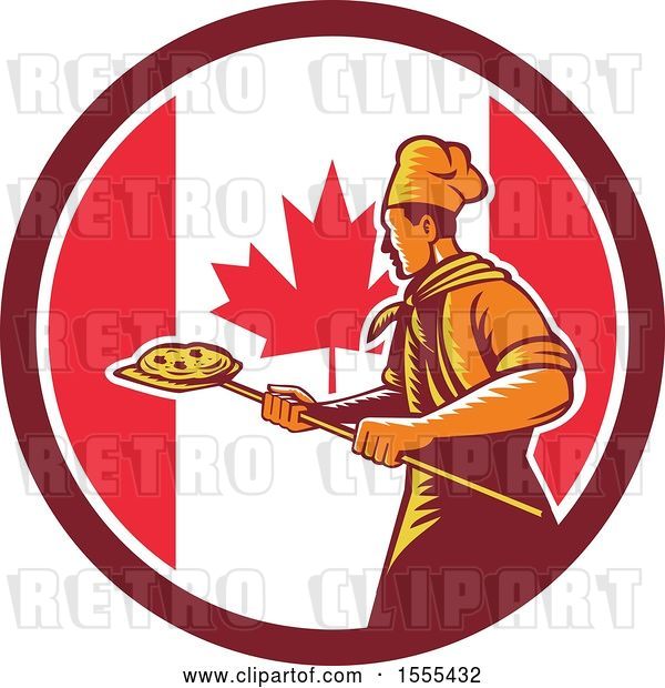 Vector Clip Art of Retro Male Chef with a Pizza on a Peel in a Canadian Flag Circle