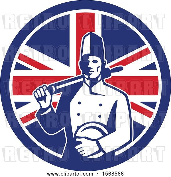 Vector Clip Art of Retro Male Chef with a Plate and Rolling Pin in a Union Jack Flag Circle