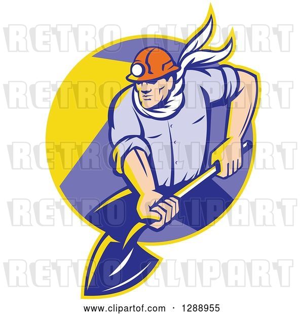 Vector Clip Art of Retro Male Coal Miner Digging with a Spade Shovel, with Light Shining from His Helmet, in a Yellow and Purple Circle
