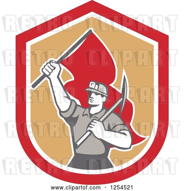 Vector Clip Art of Retro Male Coal Miner Holding a Pickaxe and Red Flag in a Shield