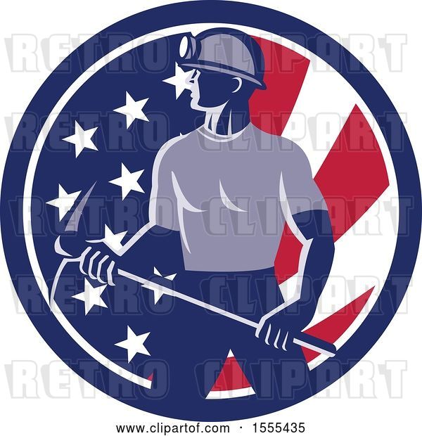 Vector Clip Art of Retro Male Coal Miner Holding a Pickaxe in an American Flag Circle