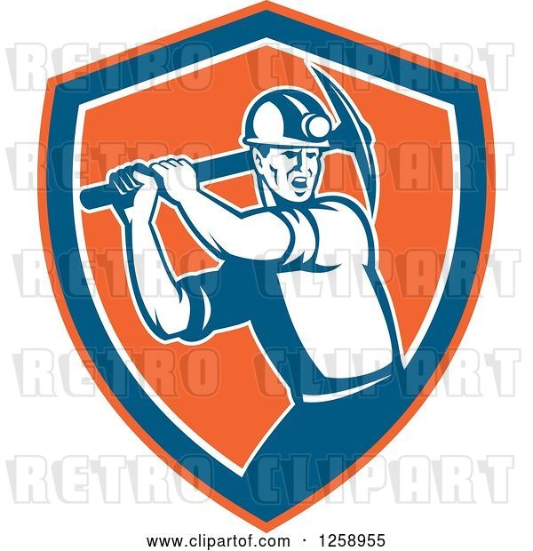 Vector Clip Art of Retro Male Coal Miner Swinging a Pickaxe in an Orange Blue and White Shield
