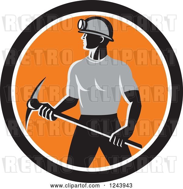 Vector Clip Art of Retro Male Coal Miner Worker with a Pickaxe in a Circle