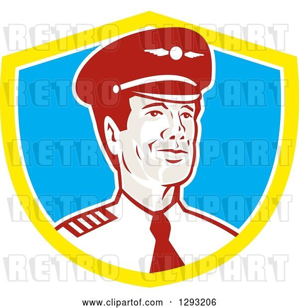 Vector Clip Art of Retro Male Commercial Aircraft Pilot in a Yellow White and Blue Shield