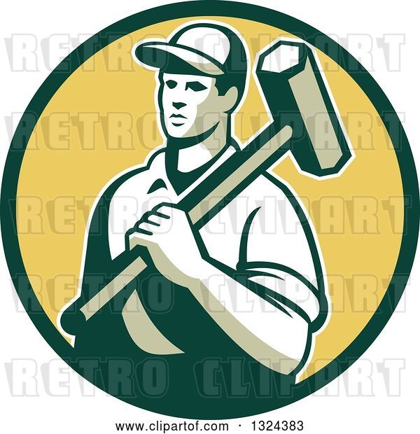 Vector Clip Art of Retro Male Construction Worker Carrying a Sledgehammer in a Green and Yellow Circle