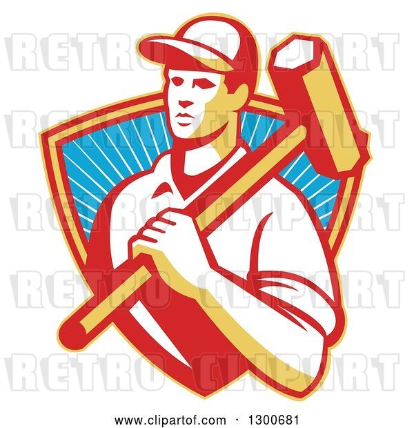 Vector Clip Art of Retro Male Construction Worker Carrying a Sledgehammer in a Shield of Rays