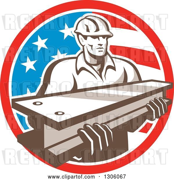 Vector Clip Art of Retro Male Construction Worker Carrying an I Beam and Emerging from an American Flag Circle