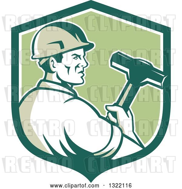 Vector Clip Art of Retro Male Construction Worker Holding a Sledgehammer in a Green and White Shield