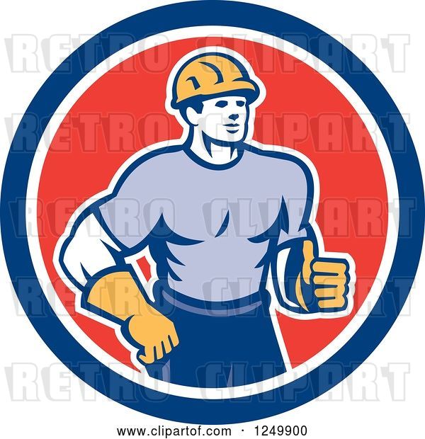 Vector Clip Art of Retro Male Construction Worker Holding a Thumb up in a Circle
