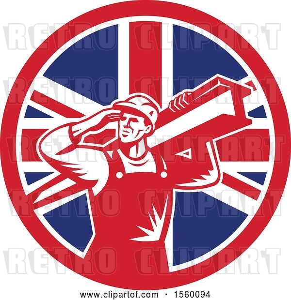 Vector Clip Art of Retro Male Construction Worker Shielding His Eyes and Carrying a Beam in a Union Jack Flag Circle