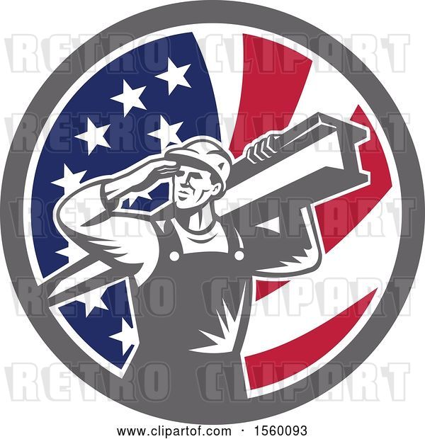 Vector Clip Art of Retro Male Construction Worker Shielding His Eyes and Carrying a Beam in an American Flag Circle