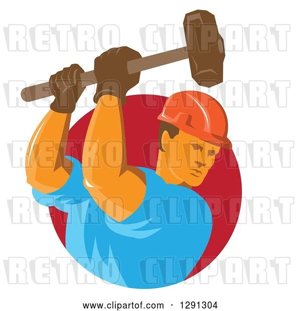 Vector Clip Art of Retro Male Construction Worker Using a Sledgehammer and Emerging from a Red Circle