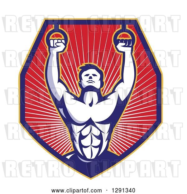 Vector Clip Art of Retro Male Crossfit Athlete or Gymnast with Rings in a Shield of Rays