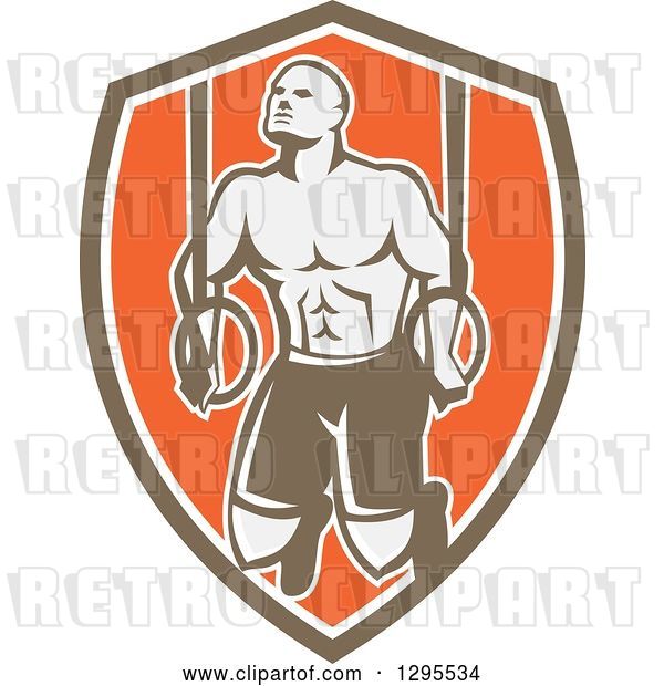 Vector Clip Art of Retro Male Crossfit or Gymnast Athlete Doing Kipping Pull Ups on Still Rings in a Brown White and Orange Shield