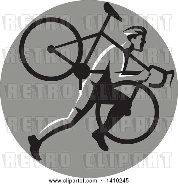 Vector Clip Art of Retro Male Cyclocross Athlete Running and Carrying Bicycle on His Shoulders in a Gray Circle