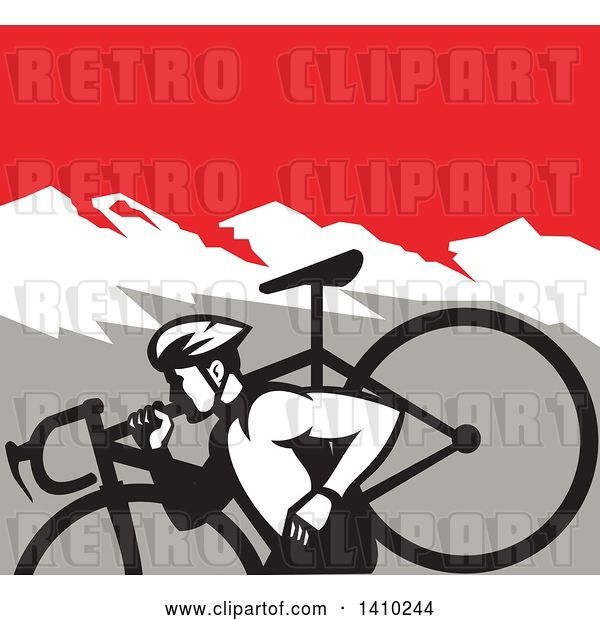 Vector Clip Art of Retro Male Cyclocross Athlete Running and Carrying Bicycle on His Shoulders in the Mountains