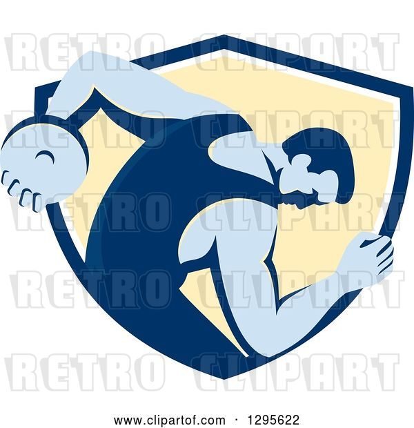 Vector Clip Art of Retro Male Discus Thrower Emerging from a Blue White and Yellow Shield