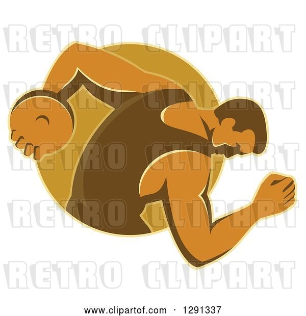 Vector Clip Art of Retro Male Discus Thrower Emerging from a Brown Oval
