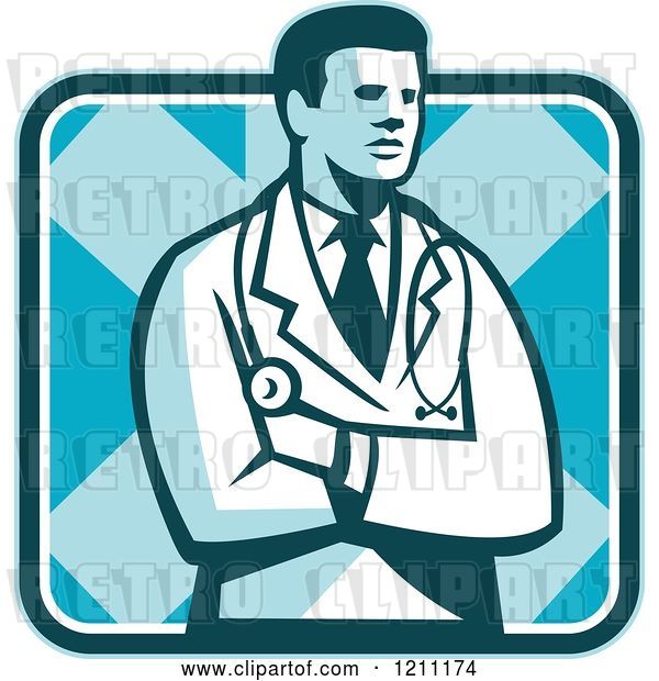 Vector Clip Art of Retro Male Doctor Standing with Folded Arms over a Square