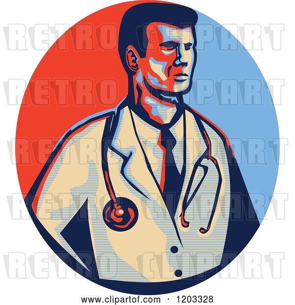 Vector Clip Art of Retro Male Doctor with a Stethoscope over a Red and Blue Circle