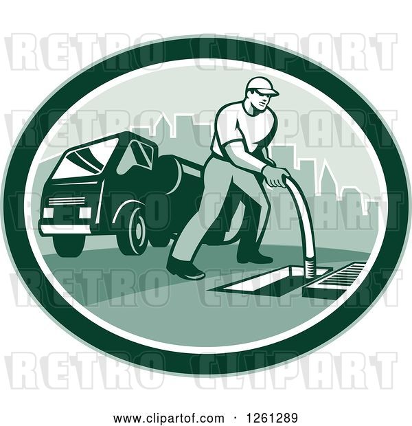 Vector Clip Art of Retro Male Drain Cleaner Worker Guy in a Green Oval
