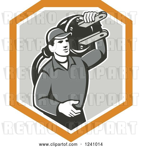 Vector Clip Art of Retro Male Electrician Carrying a Plug in a Gray and Orange Shield