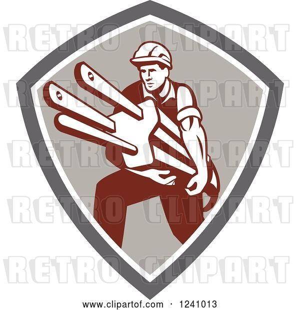 Vector Clip Art of Retro Male Electrician Carrying a Plug in a Shield