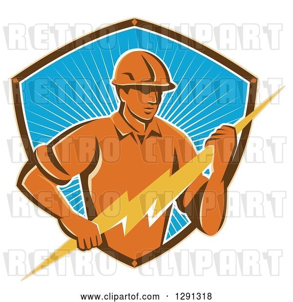 Vector Clip Art of Retro Male Electrician Holding a Lightning Bolt in a Brown White and Blue Sunshine Shield