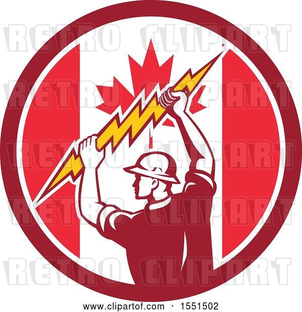Vector Clip Art of Retro Male Electrician Holding a Lightning Bolt in a Canadian Flag Circle